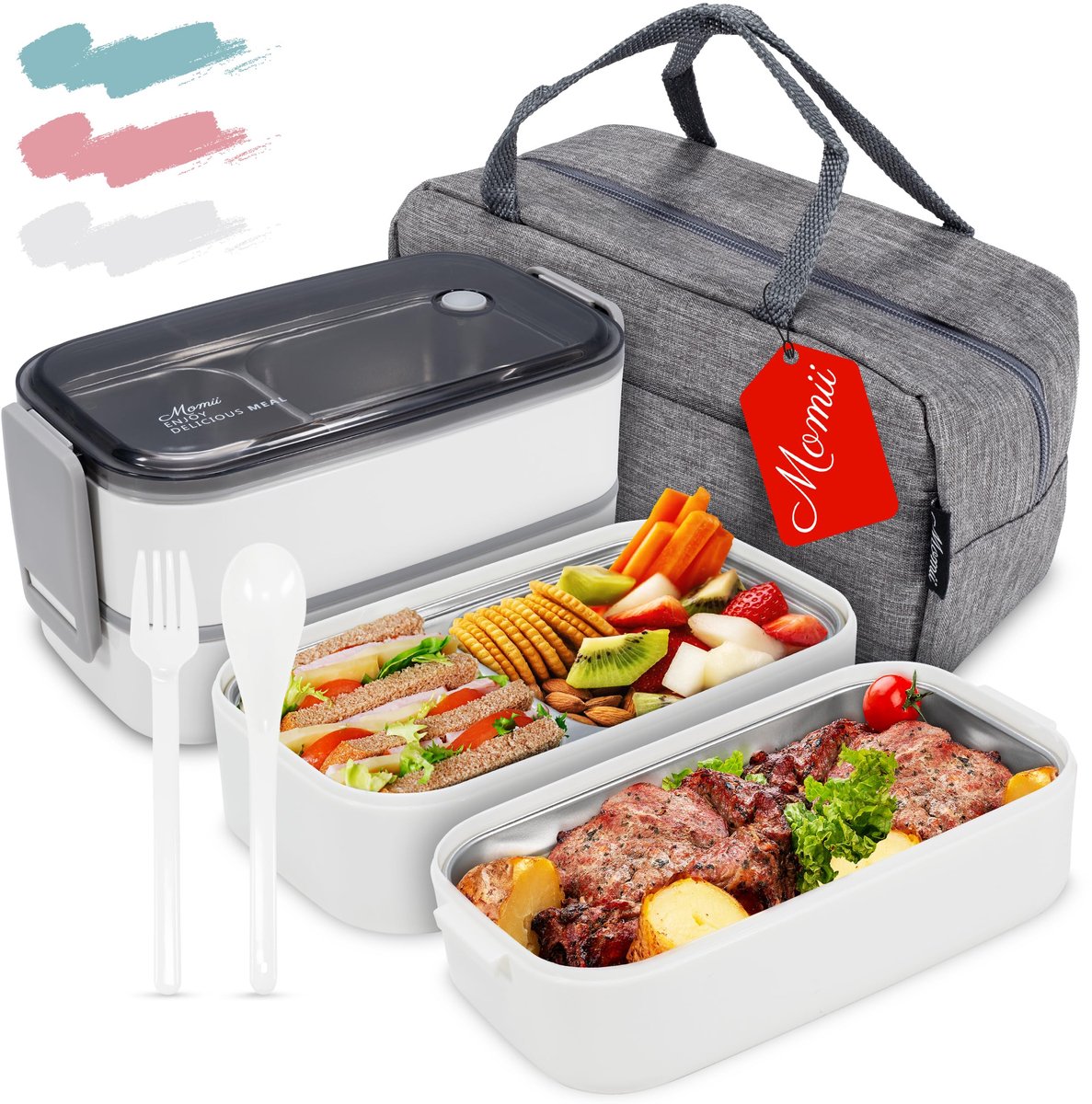 SnelShoppen - Premium lunchbox voor volwassenen & kinderen, bento box roestvrij staal met vakken, inklapbare draagtas & bestek, handige broodtrommel v