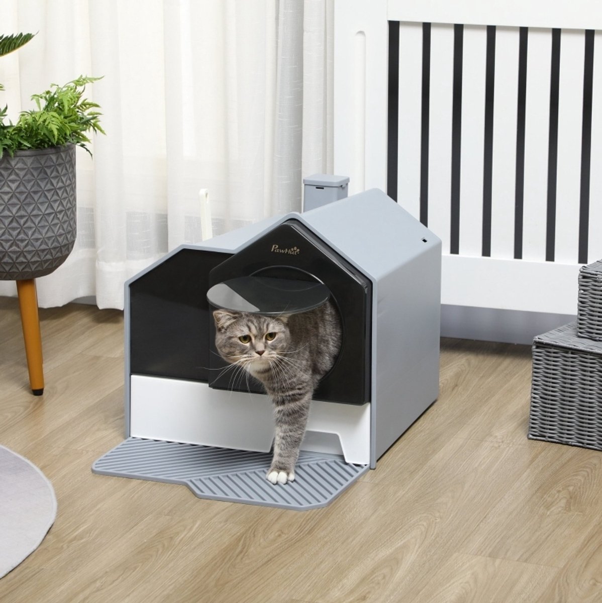 Kattenbak Huisdesign - Uitneembare Bodemtray - 47 x 45 x 42 cm - Kunststof - Grijs - Met Zeefmat En Filter