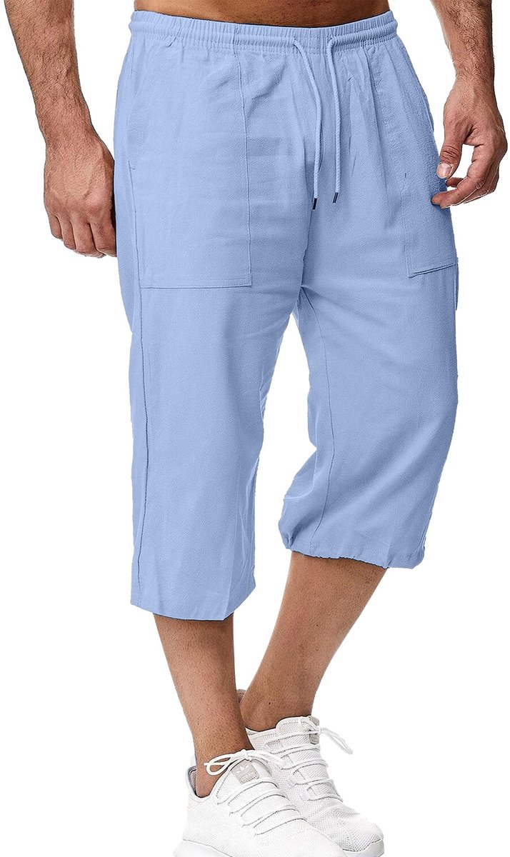 SnelShoppen - Linnen Shorts voor Heren, 3/4 Lengte, Zomerbroek, Casual Jogger, Yoga, Strand, Blauwe Sweatpants, XXL