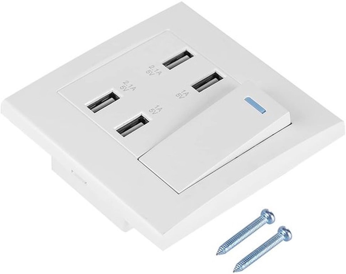 USB-wandcontactdoos met schakelaar - 4-poorts - Veilig en duurzaam - Compakt formaat - Geschikt voor smartphones en camera's - Ideaa