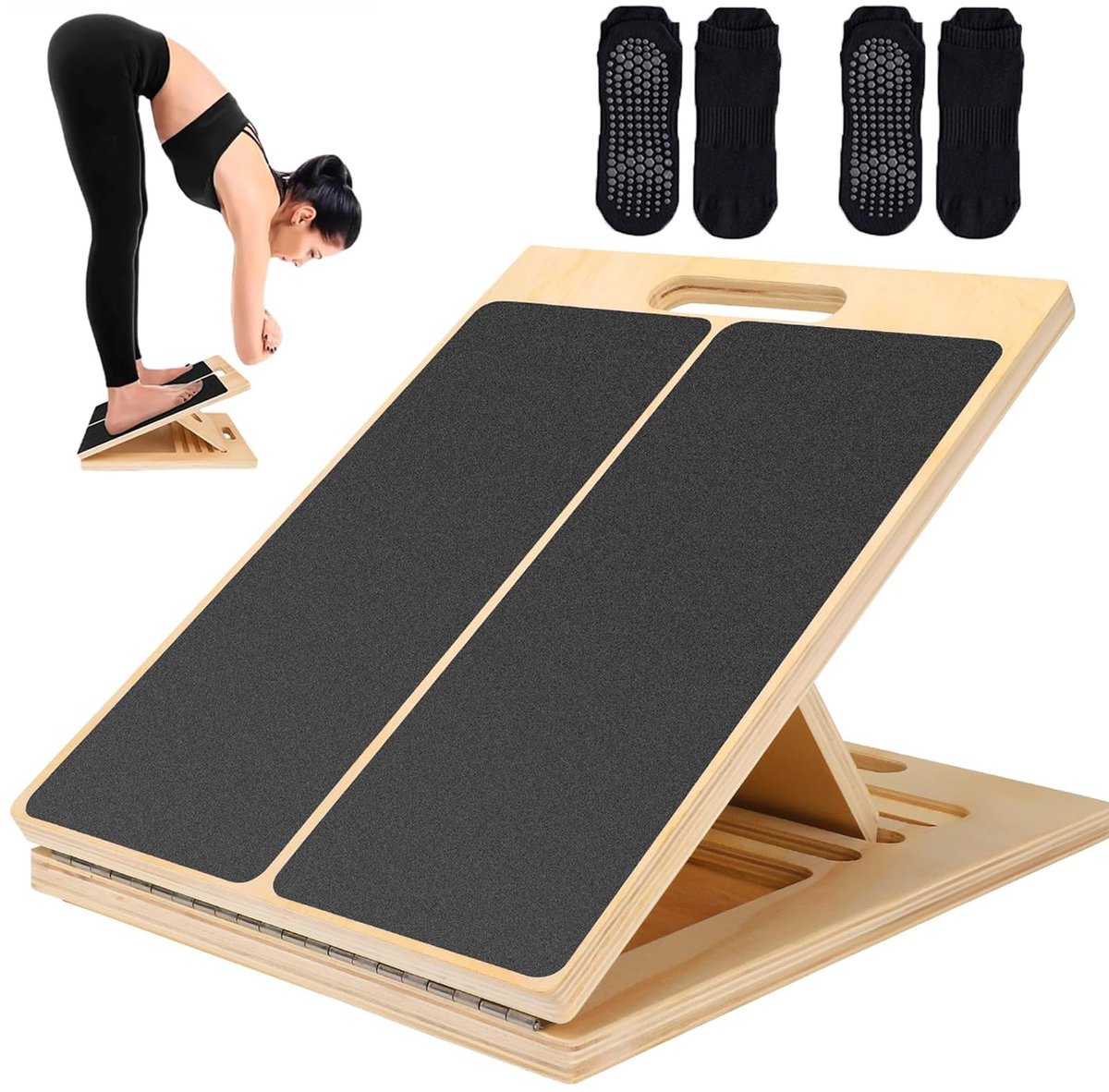Dailygoods- Kuitrek Professionele Schuine Plank - Verstelbaar Houten Snijbord - Draagbaar Fitnessaccessoire - 40 x 30 x 4 cm - Inclusief 2 Paar Katoenen Sokken - Rekbank