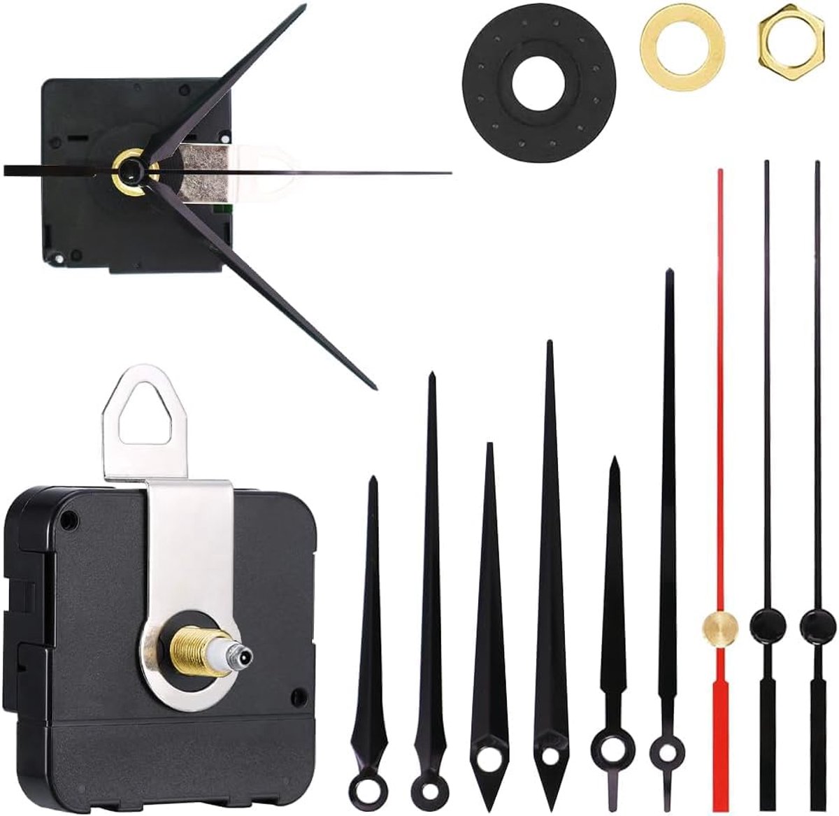 Dailygoods- Radiogestuurde Klok - Zwart - 9 Wijzersets - Stille Wijzers - Uurwerk 56x56x19 mm - Totale Aslengte 14,5 mm - Wandklok