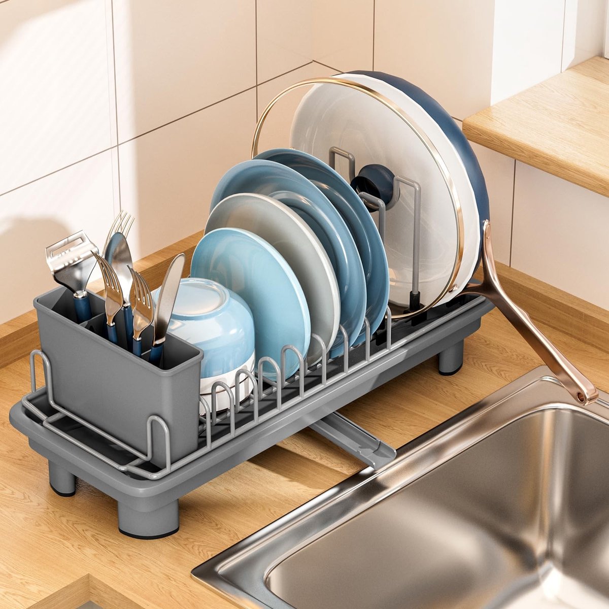 Dailygoods - Compact Afdruiprek met Bestekhouder en Lekbak - Ruimtebesparend en Draaibaar