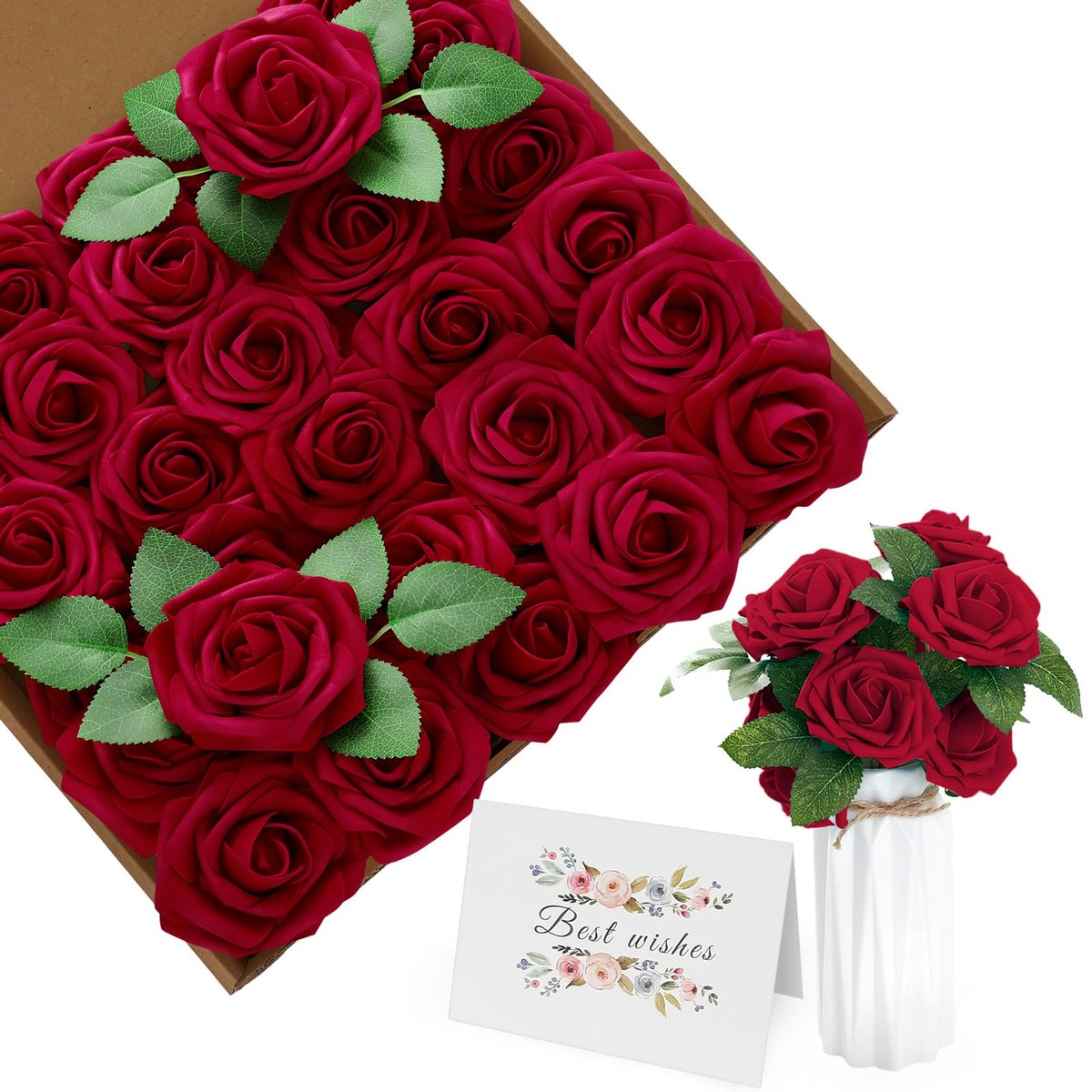 Dailygoods - 30 Stuks Rode Kunstrozen met Stelen en Kaart - Real Touch Schuim Bloemen voor Bruiloften en Decoraties