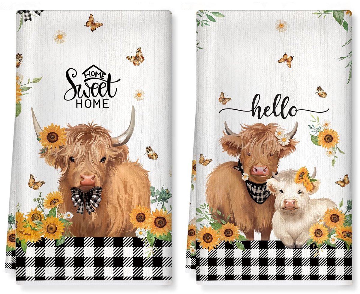 Dailygoods - Highland Cow Keukenhanddoeken Set van 2 - Dikke Katoenen Handdoeken voor Keuken Decor