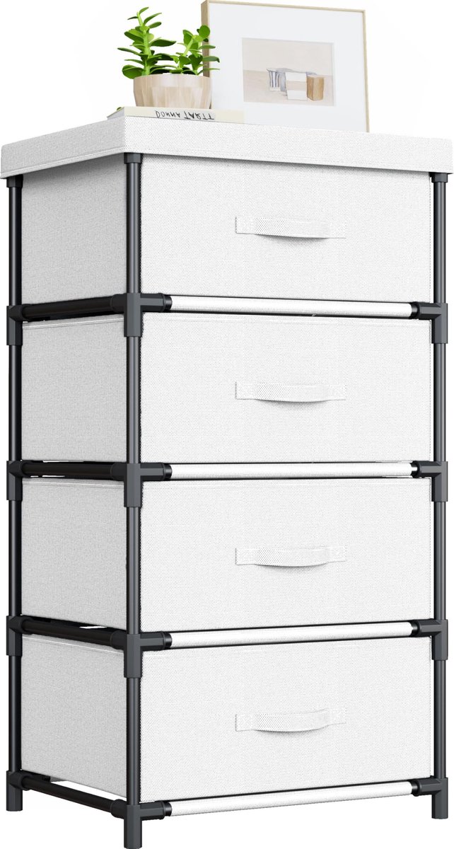 SnelShoppen - Commode met 4 Laden - Stijlvolle Stoffen Opbergkast in Wit voor Hal, Slaapkamer, Woonkamer en Kantoor - Perfecte Opbergoplossing