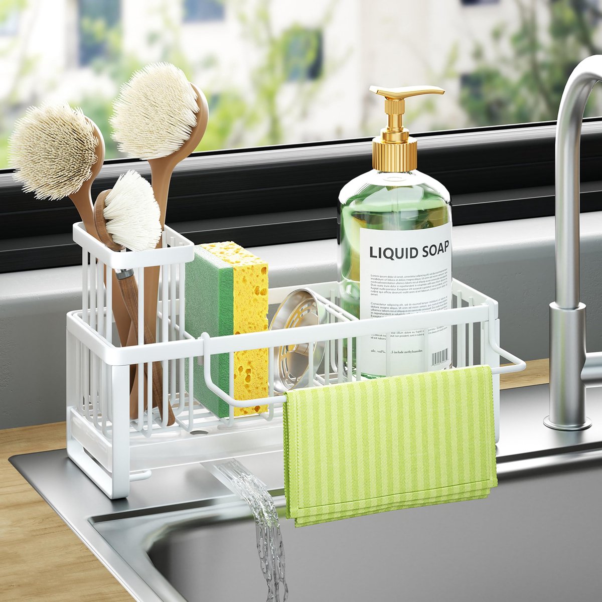 SnelShoppen - HapiRm Spoelbakorganizer, Roestvrijstalen Keuken Sponshouder met Zelfafvoerende Gootsteenorganizer, Borstelhouder en Theedoekhouder voor