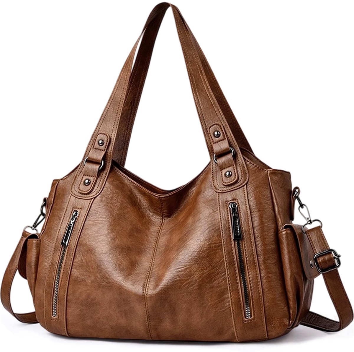 SnelShoppen - Grote dames shopper tas PU lederen handtas schoudertas tote bag vintage stijl bruin voor dagelijks werk reizen winkelen, Large, Utility