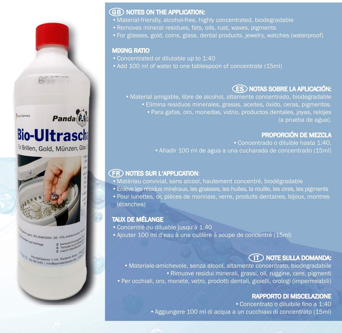 SnelShoppen - PandaCleaner Ultrasone reinigingsapparaat vloeistof - 3x 1L concentraat voor brillen, tandheelkundige producten, goud, munten, horloges,