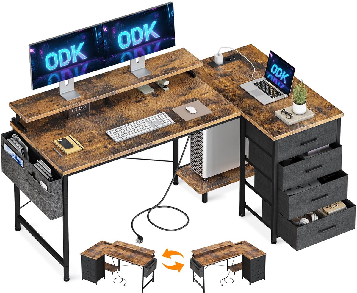 SnelShoppen - ODK Hoekbureau L Vormig Bureau met 2 USB-laadpunten, 2 Stopcontacten, Omkeerbaar Computerbureau met 4 Laden en Schermplank voor Home Off