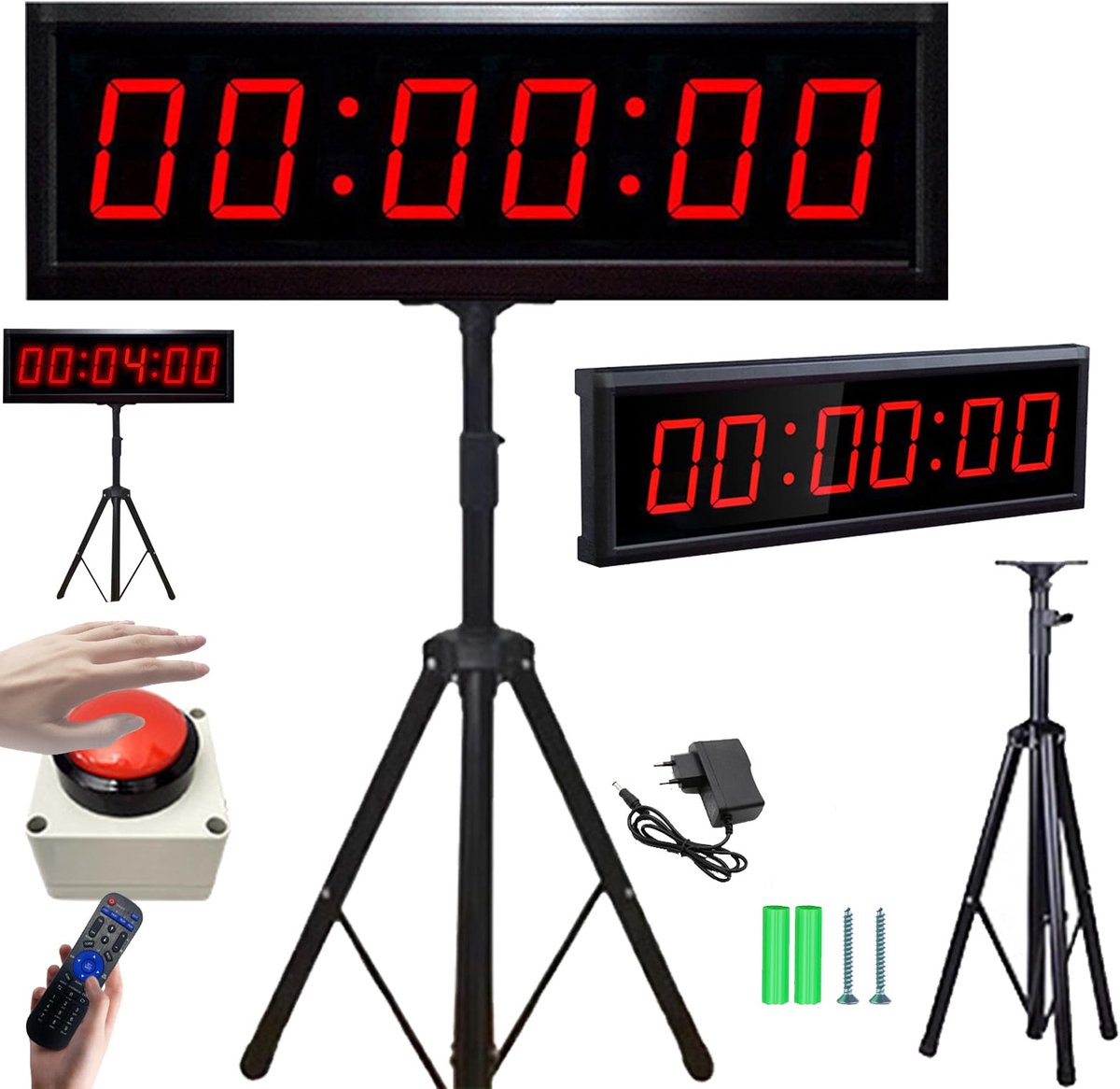 SnelShoppen - Digitale Countdown Stopwatch met Statief en Afstandsbediening, 2,3 Inch LED Display, Instelbare Helderheid, 6 Cijfers, 12/24 Uur, Sport