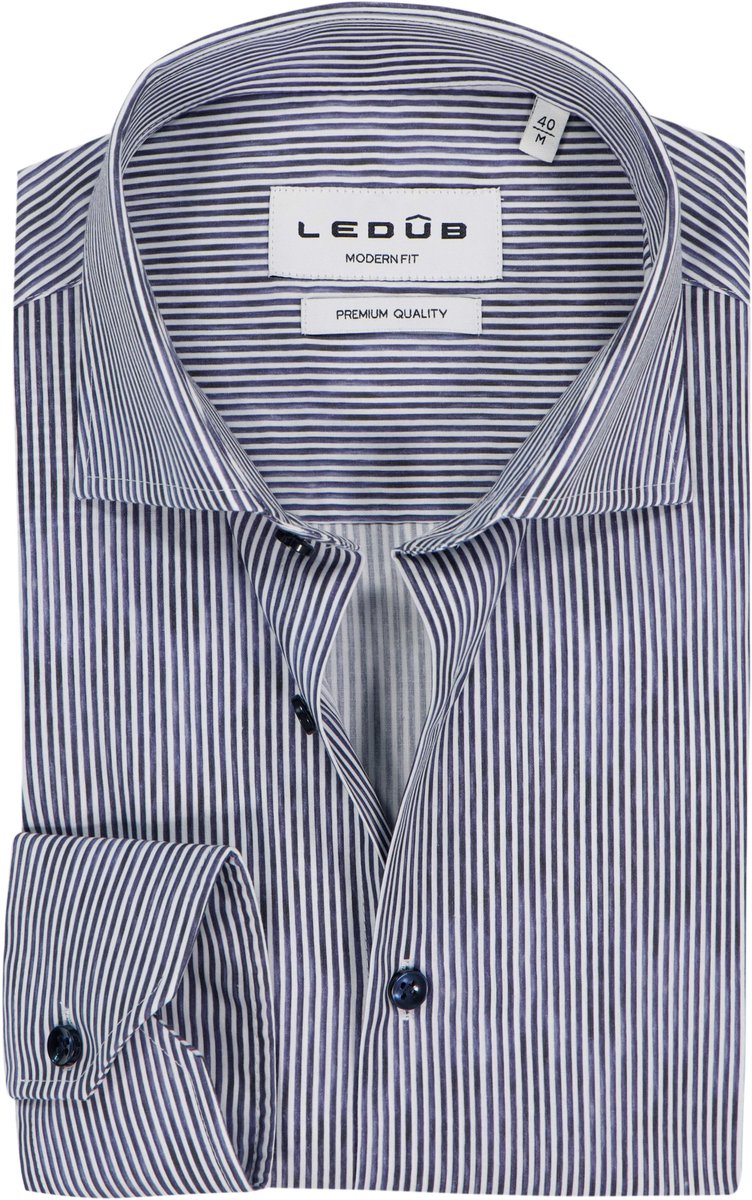 Ledub modern fit overhemd - popeline - donkerblauw gestreept - Strijkvriendelijk - Boordmaat: 46 (EU maat: XXL)