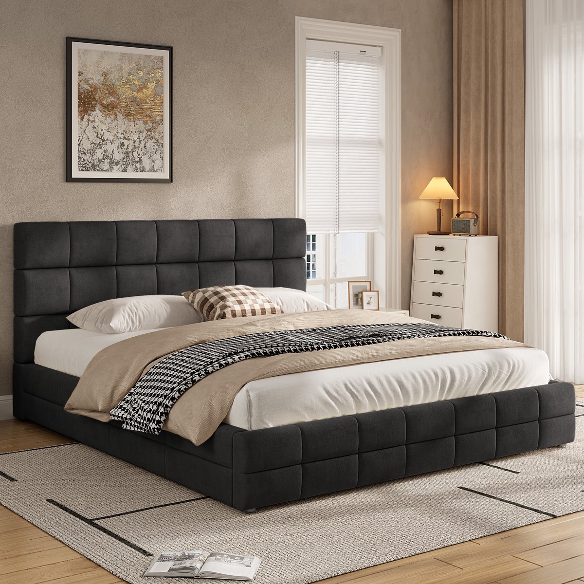 Velvet Bed 180x200 cm - Modern Gestoffeerd Bed Met Hoofdbord En Lattenbodem - Zwart