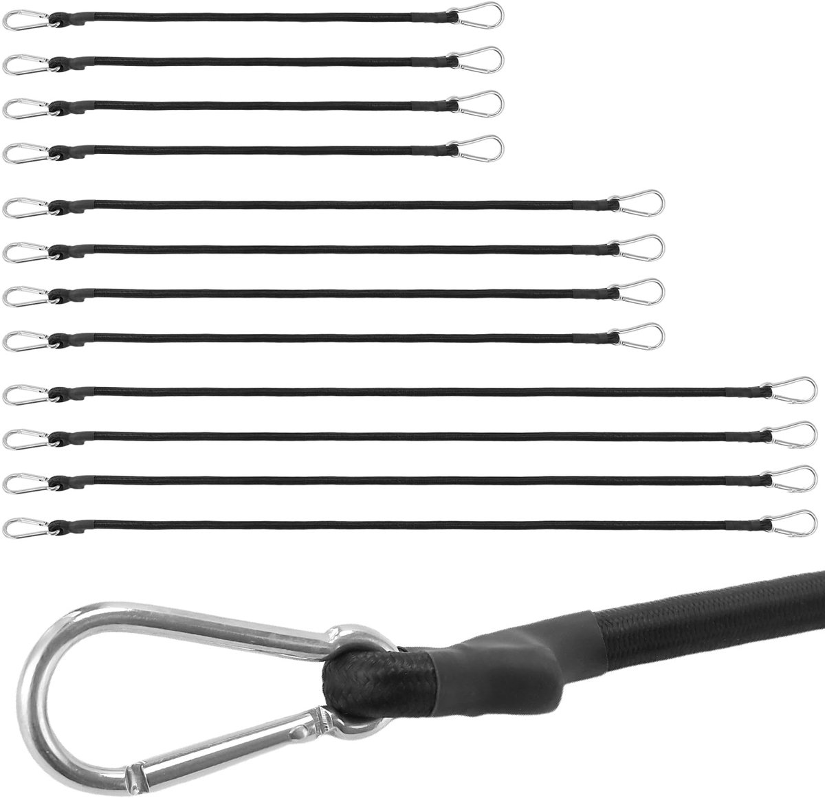 Dailygoods - 12 Stuks Spanrubber met Karabijnhaak - 60, 90, 120 cm