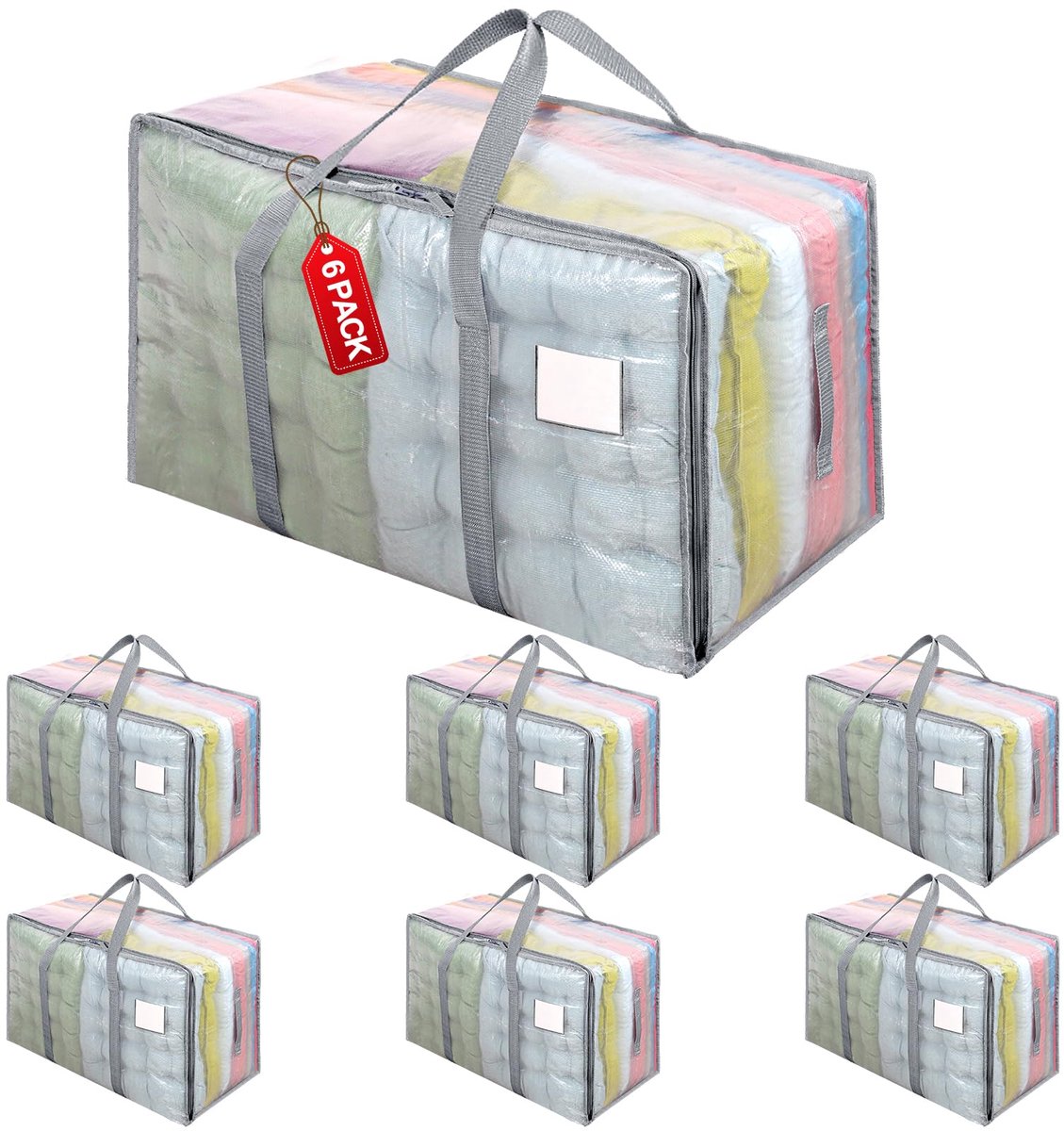 SnelShoppen - 6-delige set 105L heldere verhuiszakken voor kledingopslag, stevige verhuiszakken met ritsen, ideaal voor beddengoed, dekbedden, speelgo