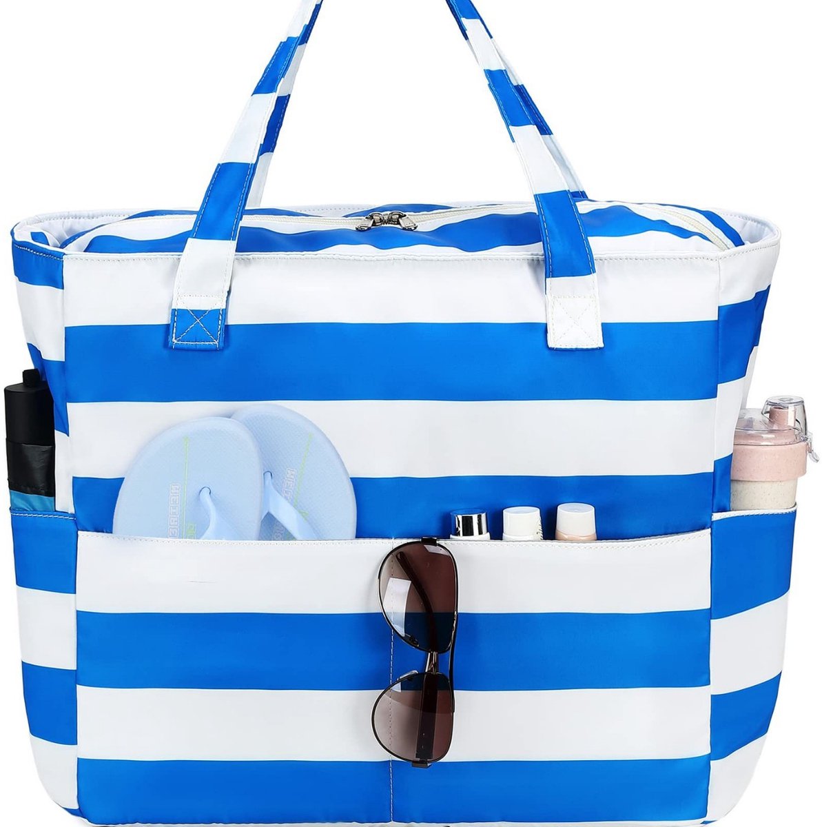 Extra grote strandtas voor dames, extra grote opvouwbare strandtas van mesh met ritssluiting en groot vak, geschikt voor strand, reizen, de sportschool en het zwembad,Dikke blauw-witte strepen