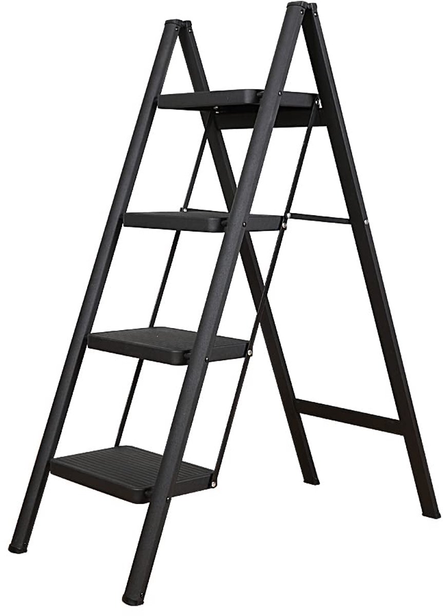 SnelShoppen - Inklapbare Trapladder 4 Treden Lichtgewicht Aluminium Antislip Huishoudtrap Zwart tot 150 kg voor Keuken, Bijkeuken, Garage, Kantoor