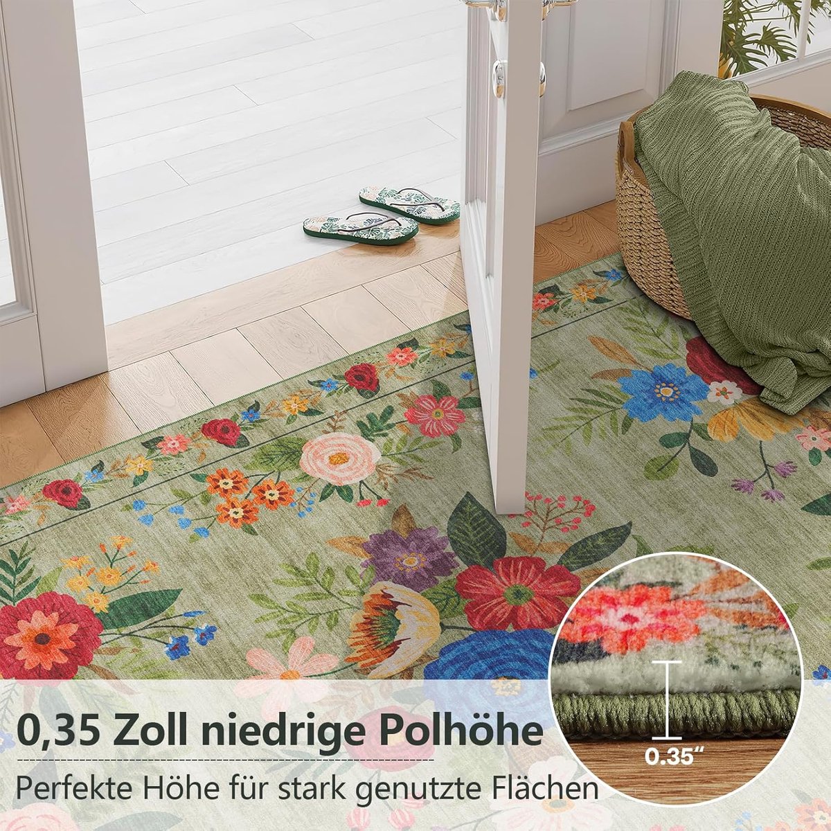 SnelShoppen - Rond tapijt 160 cm, wasbaar en antislip, zacht laagpolig, vintage bloemen boho-patroon, groen, ideaal voor woonkamer, slaapkamer, kinder
