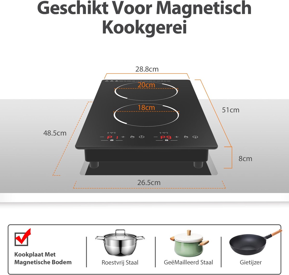 SnelShoppen - Dubbele Inductiekookplaat 3000W Draagbare Kookplaat met LED-touchscreen, 9 Vermogensniveaus, 120 Minuten Timer & Veiligheidsslot, Zwart