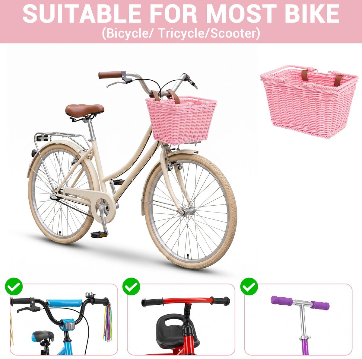 SnelShoppen - Fietsmand voor Voorkant, Handgevlochten Rieten Fietsmand met Verstelbare Veganistische Leer Riemen, Duurzaam en Stijlvol in Roze, Perfec