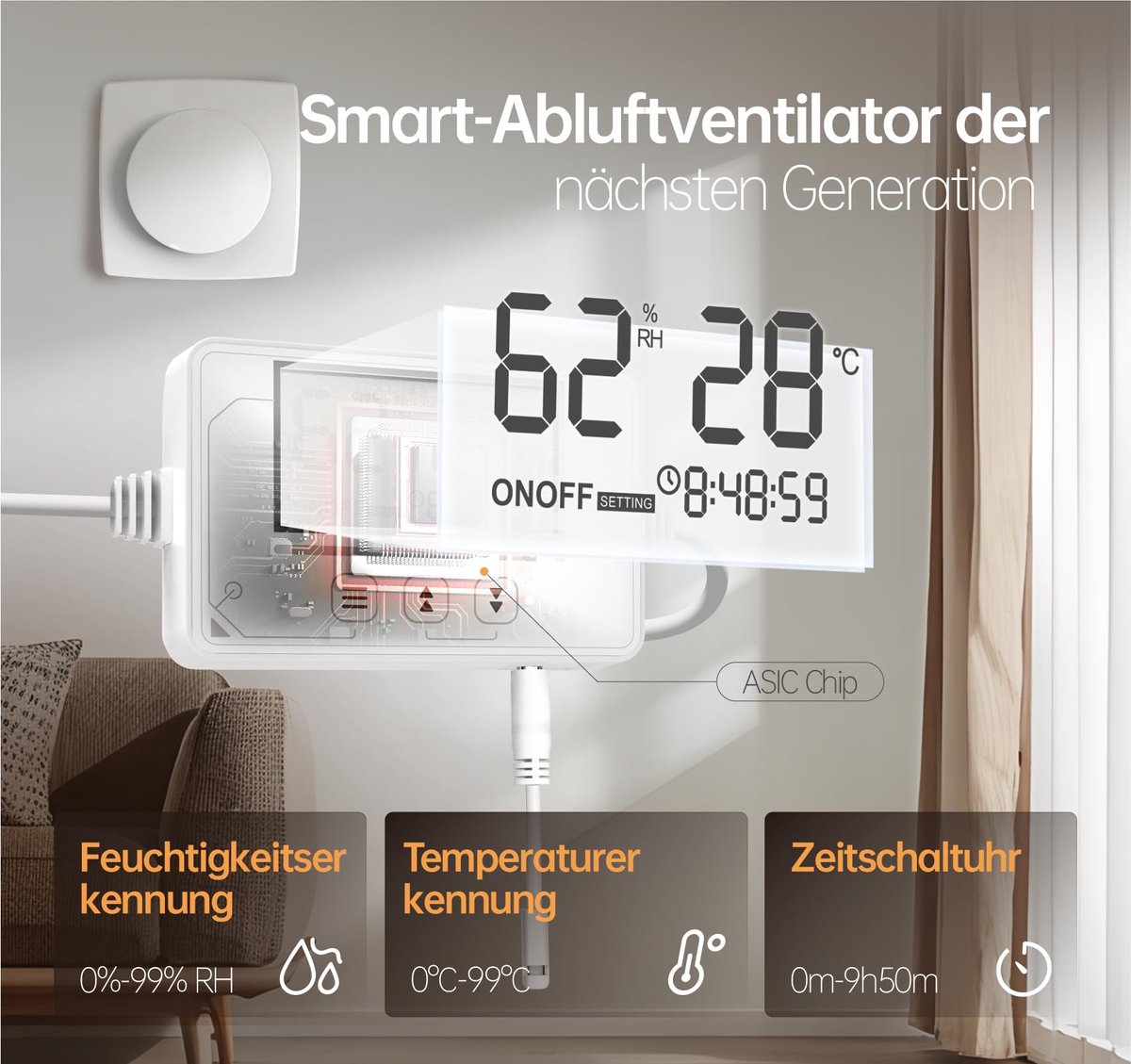 SnelShoppen - BUMSOU Badventilator met Vochtigheidssensor, Temperatuursensor en Timer - Stille en Krachtige 100mm WC Ventilator met Afstandsbediening