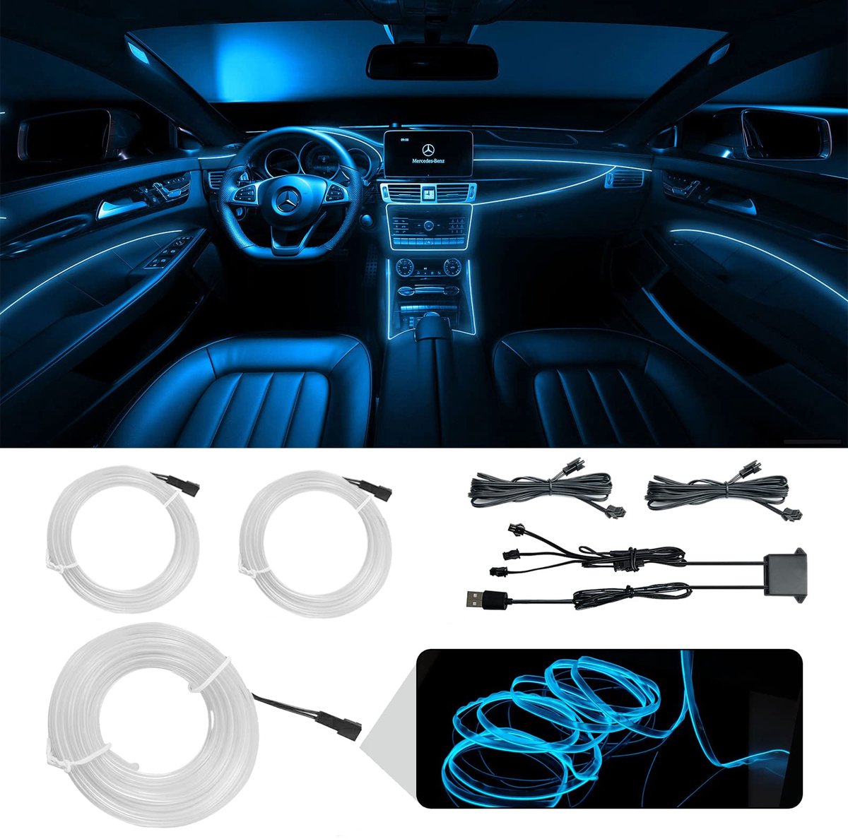 SnelShoppen - IJsblauwe El Draad Interieurverlichting 3-in-1 USB Neondraad Lichtset voor Auto Ambianceverlichting, LED Strip Licht Naairand Decoratie