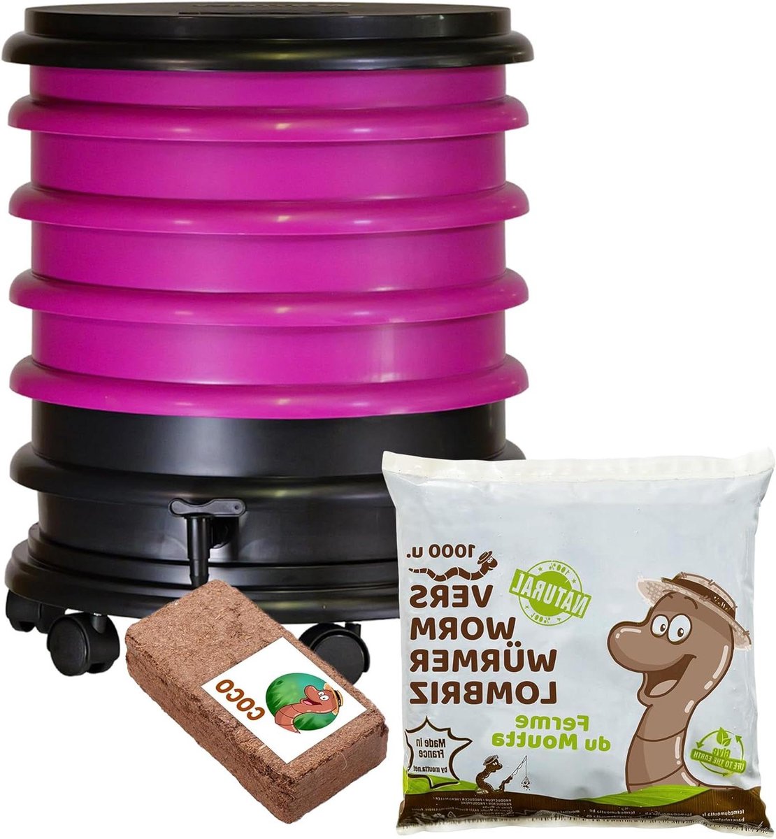 Wormenbak Composteerbak - Compostbakken Wormenbakken - Organisch Afval Verwerken - 4 Bakken Stapelbaar - 64 liter - Framboos