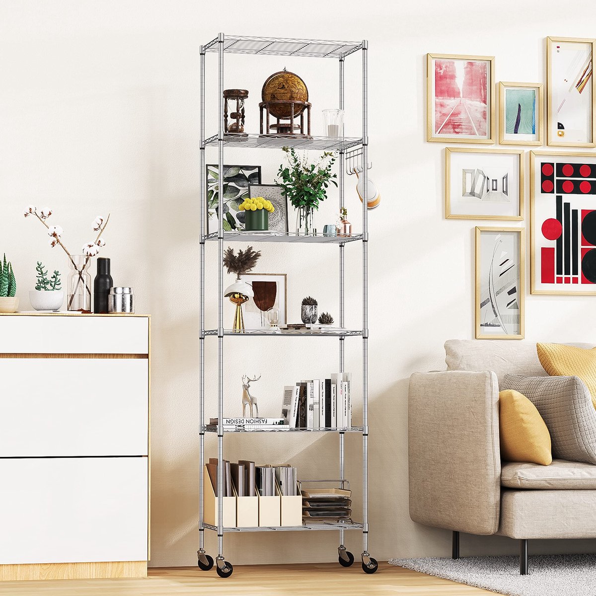 SnelShoppen - Staande Rek met 6 Verdiepingen, Hoogte Verstelbaar, Duurzaam Met Haken voor Badkamer, Keuken, Garage, Slaapkamer, Zilver, 29x54x175 cm