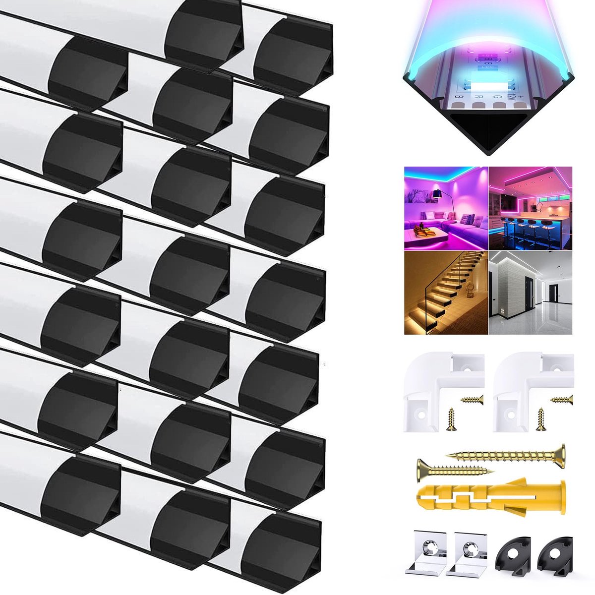 SnelShoppen - 20 stuks LED Aluminium Profiel Zwart V-vorm, 6 Kanaal Zwart Hoekprofiel met Melkwitte Afdekking, Eindkappen, Montageclips en 45 Graden H