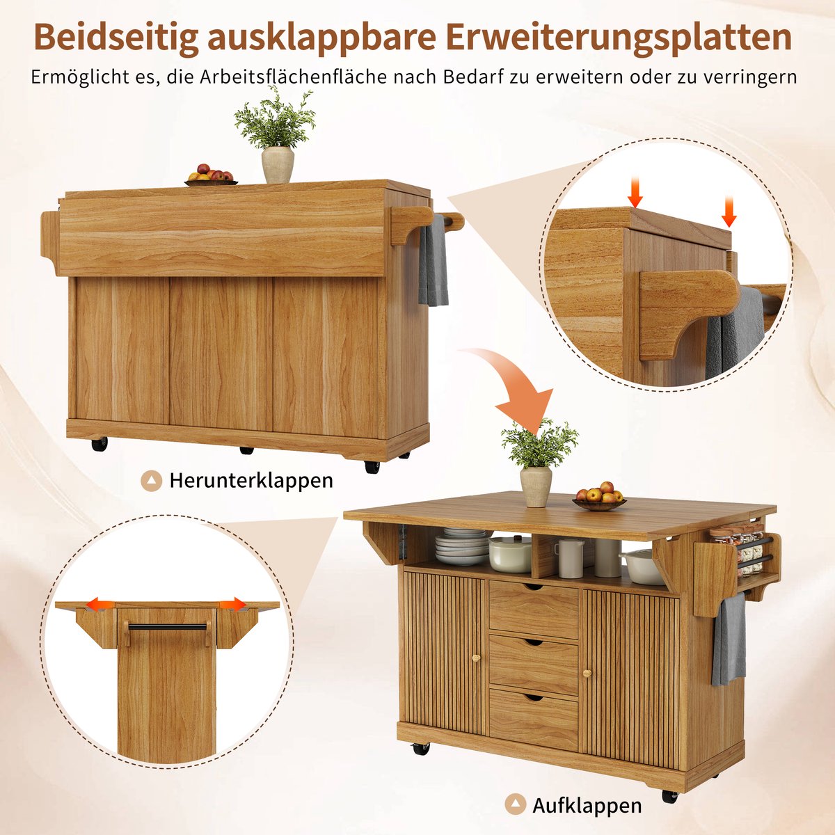 OKWISH Keukenkast - Serveerwagen Met Uitklapbare Verlengbladen - 142,5 x 80 x 95 cm - 3 Lades - Wielen Met Rem - MDF Donkerbruin
