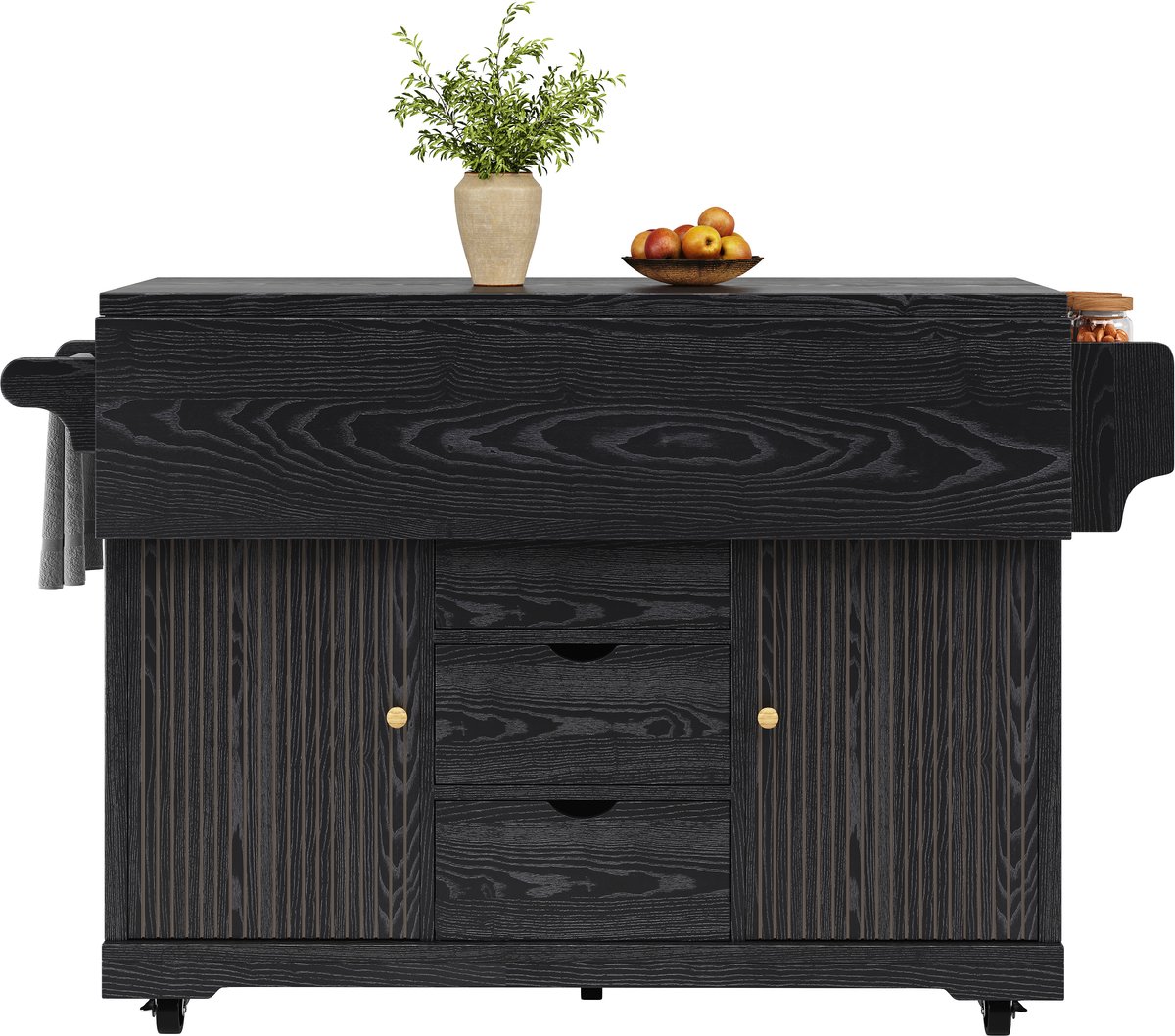 OKWISH Buitenkeuken Keukenwagen – Uitklapbare Zijtafels – 3 Lades En Opbergruimte – Verrijdbaar Met Rem – MDF En Metaal Zwart – 142,5×80×95 cm