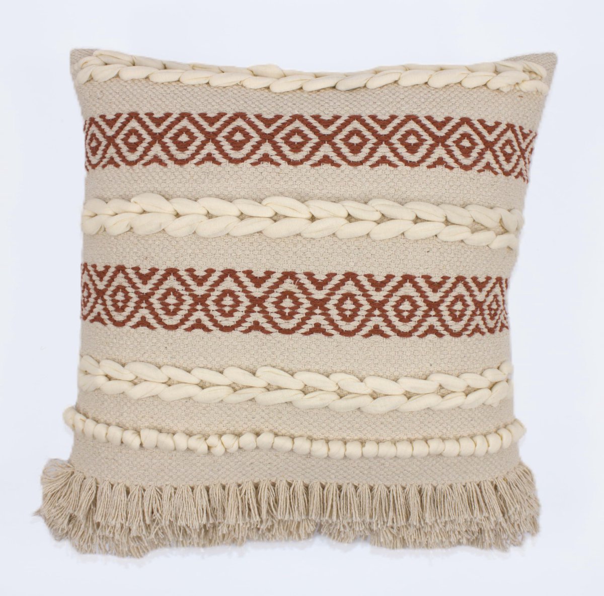 SnelShoppen - Boho Sierkussenhoes 45x45cm - Handgeweven Decoratief Kussen met Gevlochten Lussen en Geometrisch Patroon in Roestkleur - Vierkant Accent