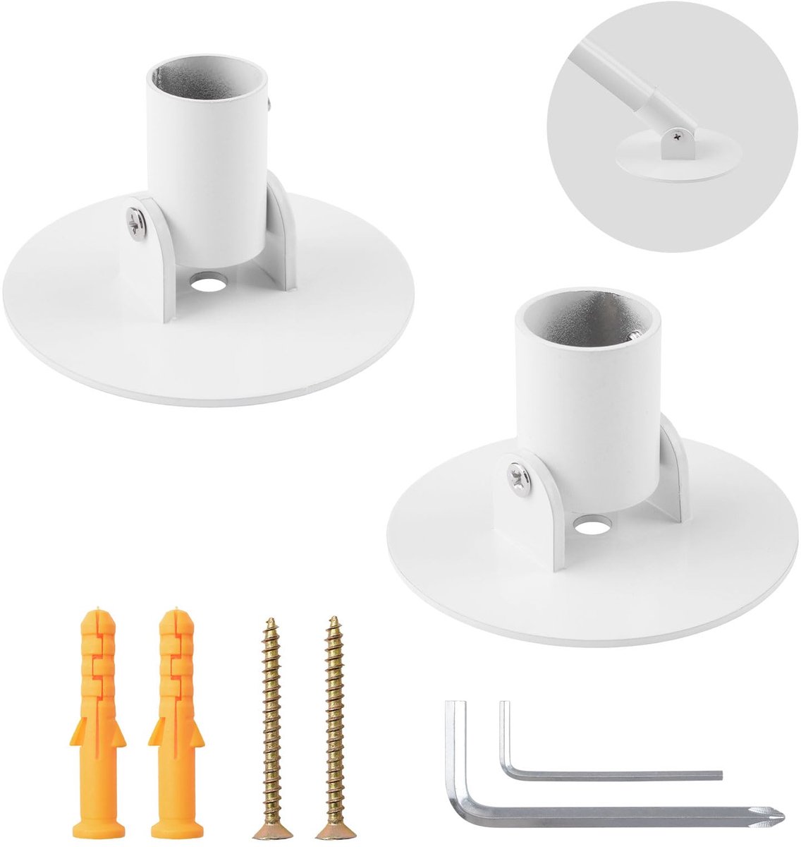 SnelShoppen - Set van 2 verstelbare douchegordijnstanghouders titaniumstaal met draaibare flens en schroeven, wit, binnendiameter 22 mm en 26 mm