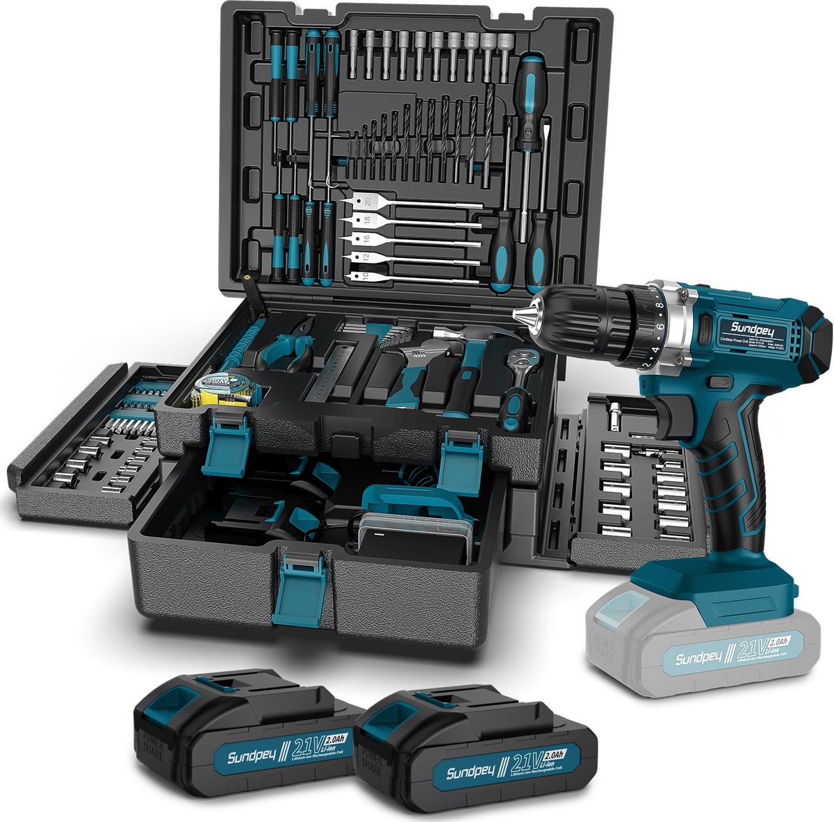 SnelShoppen - Gereedschapskoffer gevuld 255-delig met accuschroefboormachine 21V, 2x2000mAh accu, gereedschapskist voor huis- en autoreparaties, compl