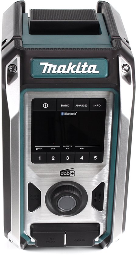 Makita bouwradio met zilverkleurig bedieningspaneel, zwart en groen.