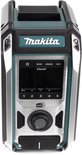 Makita bouwradio met zilverkleurig bedieningspaneel, zwart en groen.