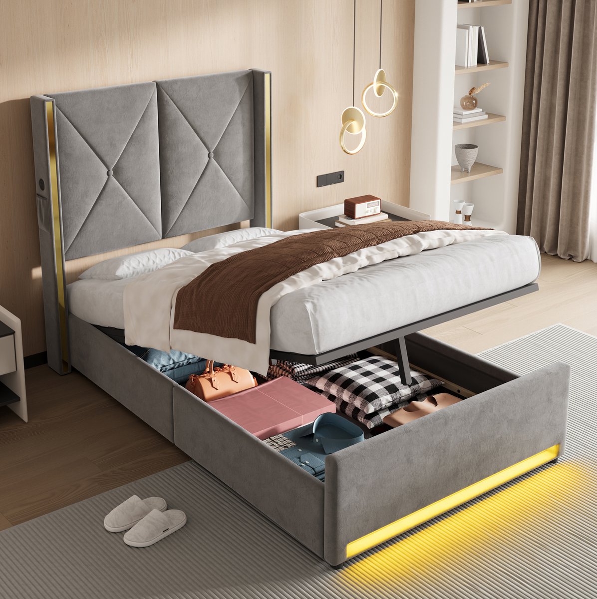 MODFU - Bed - Velours - Donkergrijs - Opbergbed - LED Verlichting - 90 X 200 Cm