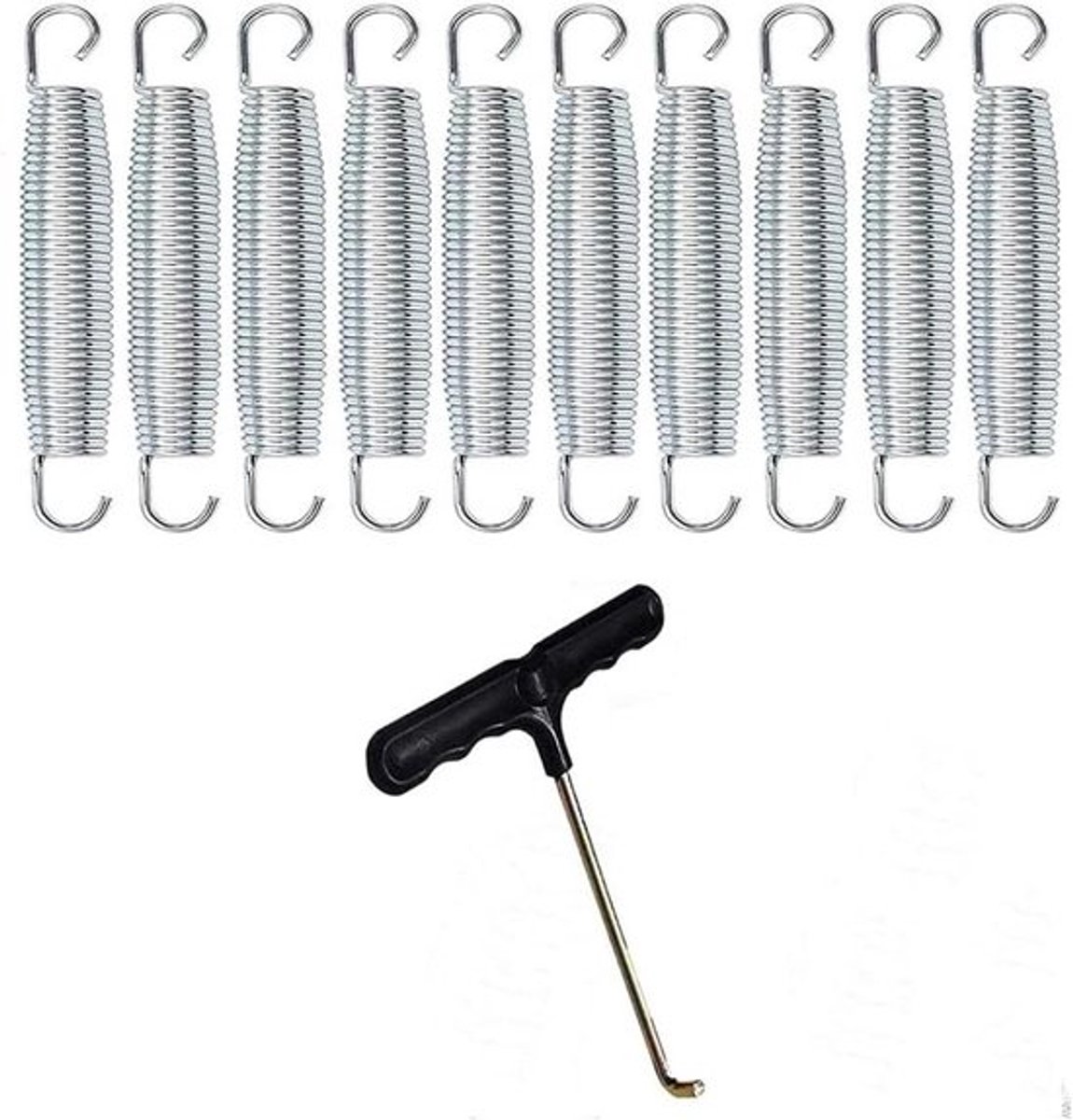 Trampolineveren, set van 10 stuks, robuust gegalvaniseerd staal, geschikt voor trampoline-T-haken, schommelsets, kas, basketballringschuur, portieken, tenten en hekken, 16,5 cm - Veerlengte - Accessoire - Zilverkleurig en duurzaam.