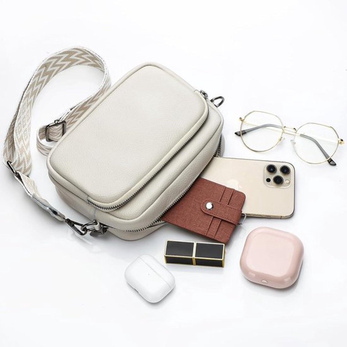 Leren schoudertas voor dames met brede afneembare schouderriem - moderne crossbody tas met 3 vakken - telefoonhouder - stijlvolle dames tas.