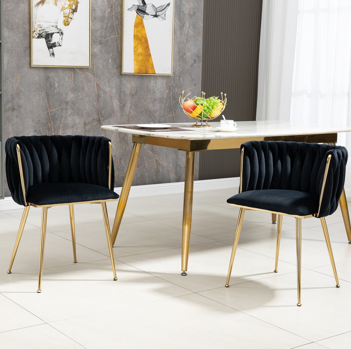 COVREO Eetkamerstoel set van 2 55,5 x 41 x 74 cm zwart velvet met gouden metalen poten en armleuningen