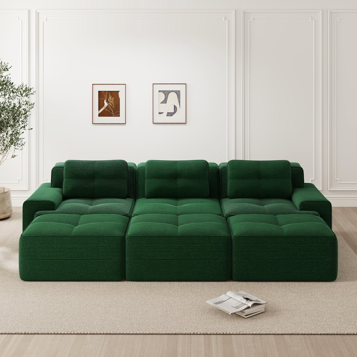 OKWISH Hoekbank 3-Zits - Modulaire Slaapbank Van Zacht Corduroy - Met 3 Hockers, Brede Armleuningen En Antislip Basis - Voor Woonkamer - Groen