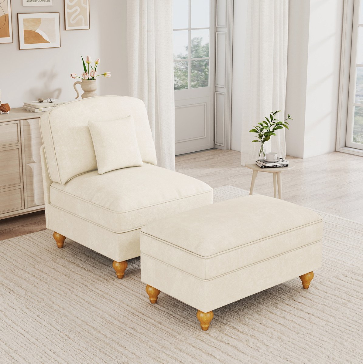 OKWISH Fauteuil - Chenille - Met Hocker En Kussen - Afneembare Rok En Houten Poten - Klassiek Voor Woonkamer En Kleine Ruimtes - Wit