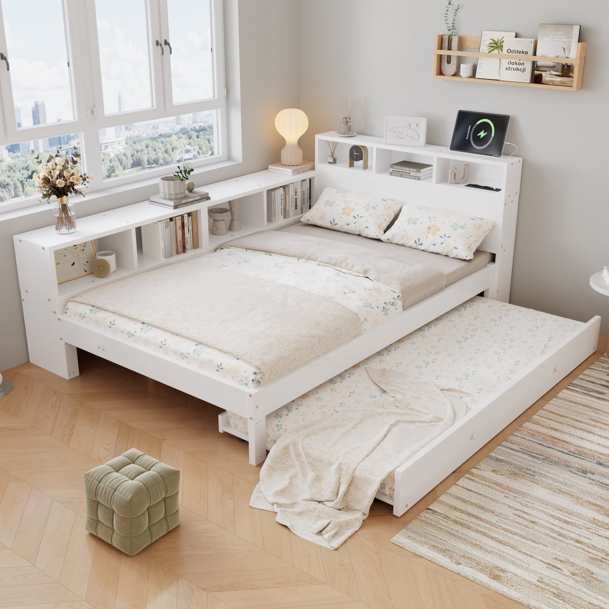 REDOM - Bed met uitziehbed en zij-opbergruimte - Hoofdbord met laadstation - Moderne stijl - Kinderkamer en jeugdkamer - Hout - Wit - 120 x 200 cm