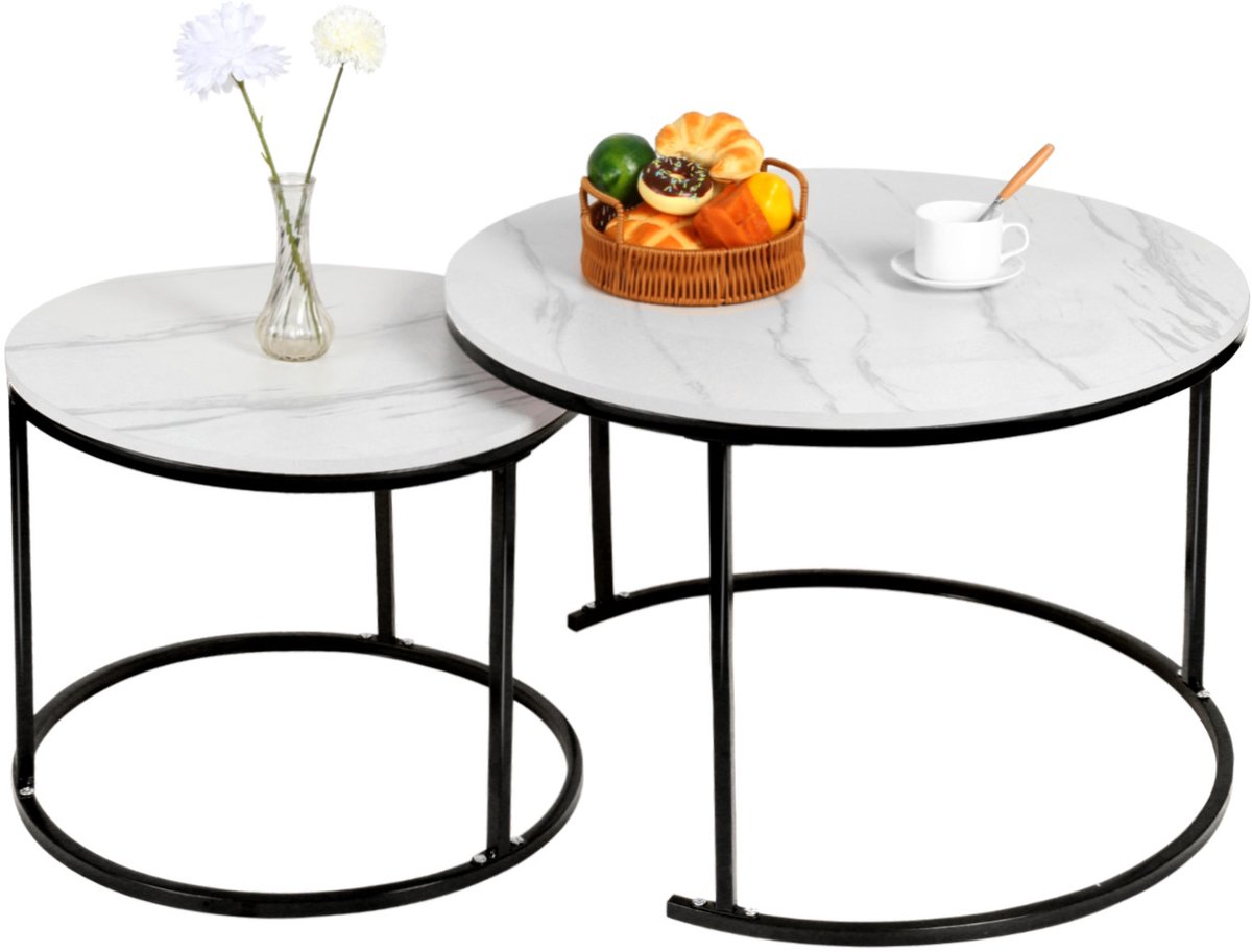 PIPIPOXER-Salontafel Rond Zwart Hout Set Van 2 – Table Basse - Salontafel - Salontafel rond - Salon Tafel - Table basse de salon - Kleine Tafel - Salontafels - Diameter 60 en 40cm