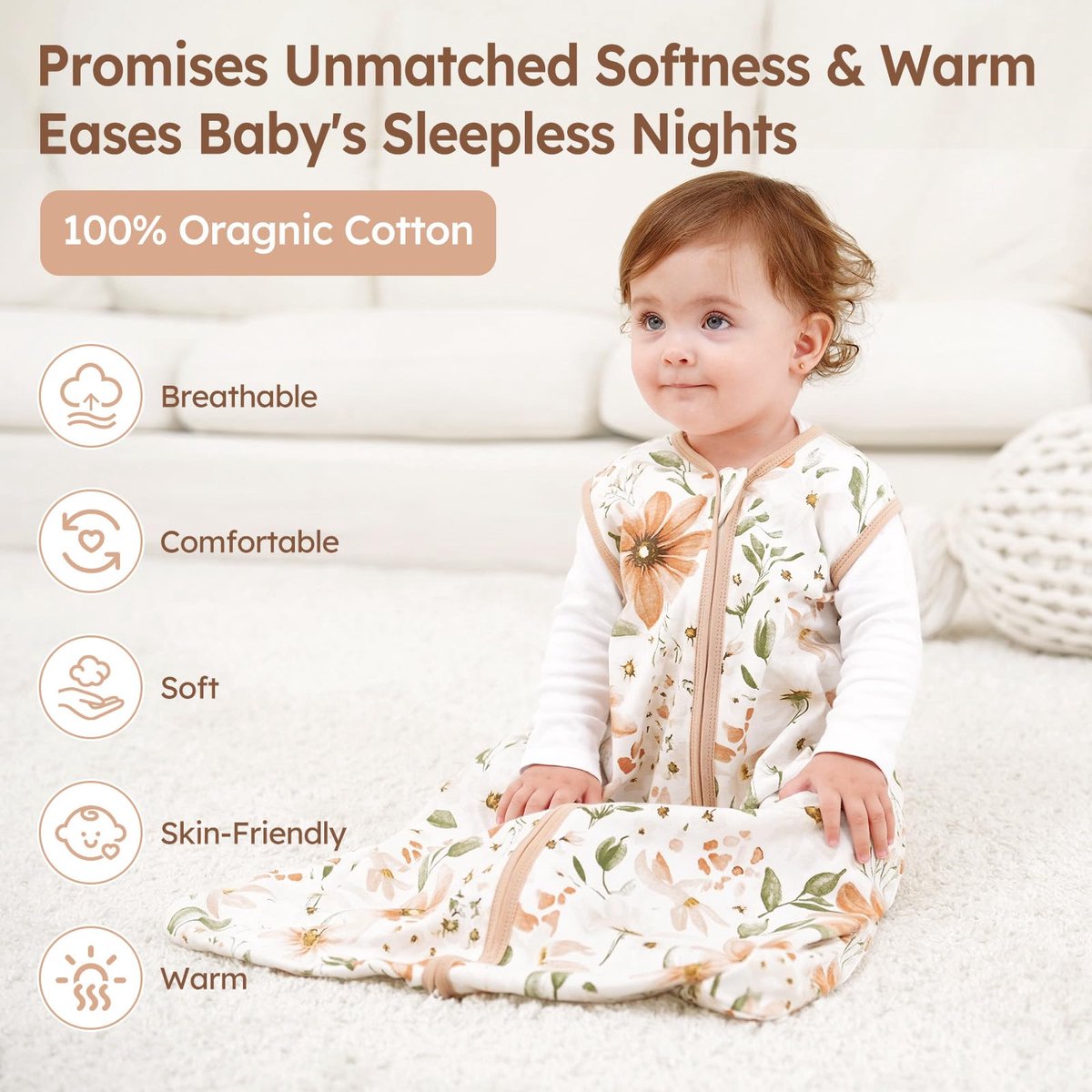 SnelShoppen - Baby Slaapzak Zomer 0,5 Tog 100% Katoen 80 cm Bruin Geruit voor Baby Jongen en Meisje 6-12 Maanden - Ideaal voor Pasgeborenen en Zomer