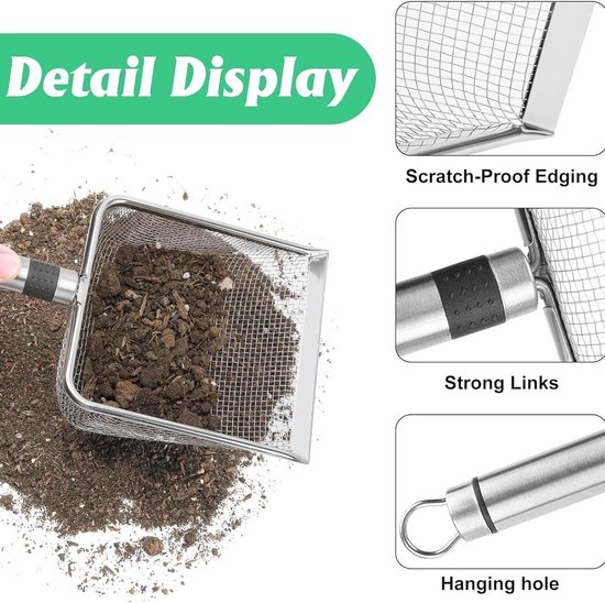 Grond Zeef - Schepzeef Compostzeef - Tuinwerk Compost Scheiden - Ergonomisch Roestvrij Staal - 29x14x10cm - Zilver van Merkloos	 — afbeelding 3