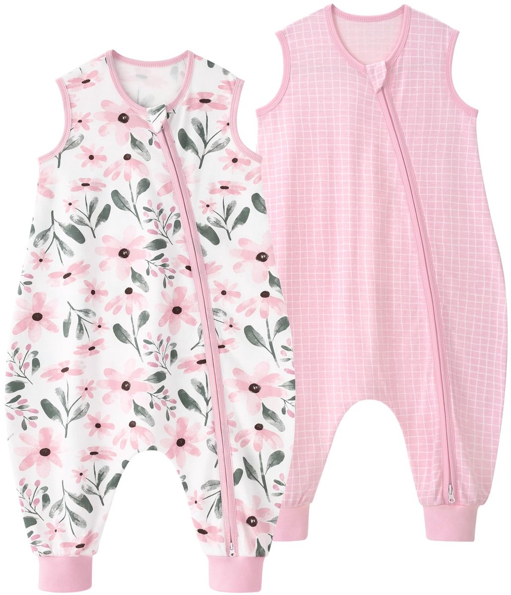SnelShoppen - Babyslaapzak met voetjes 0,5 TOG, 100% Katoen Zomerslaapzak 6-18 maanden, 70 cm, 2 Stuks, Roze Bloem voor Kinderen, Jongens en Meisjes