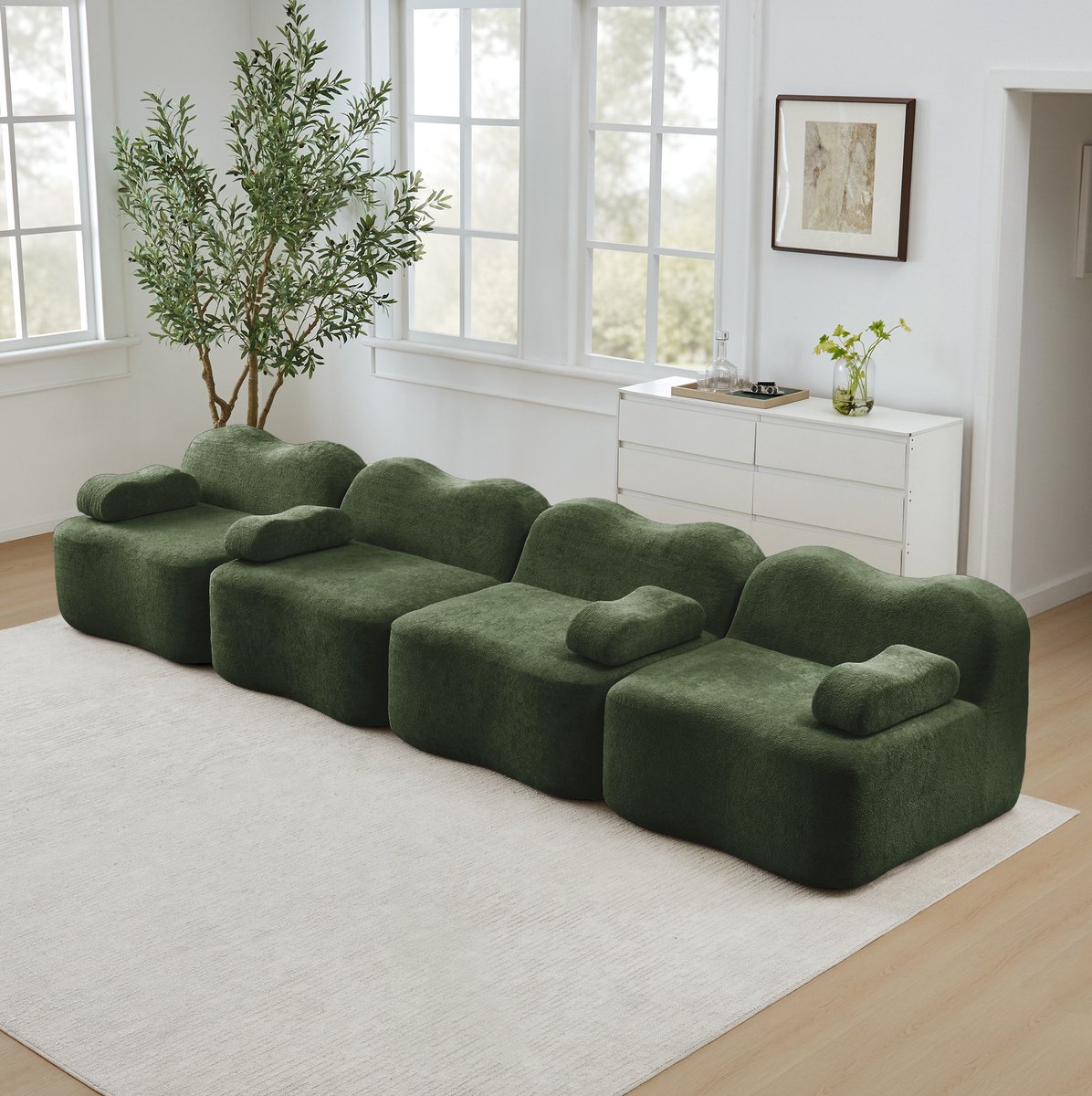 COVREO Modulaire bank 384 x 98 x 70 cm - groen velvet, 4 zitplaatsen, zonder montage