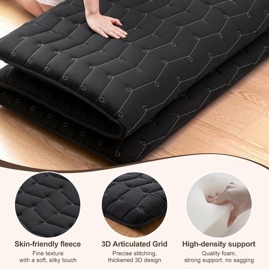 Futonmatras - Vloermatras Slaapmat - Comfortabel Slapen - 9-laags Structuur - Queen 152x203cm - Zwart — afbeelding 3