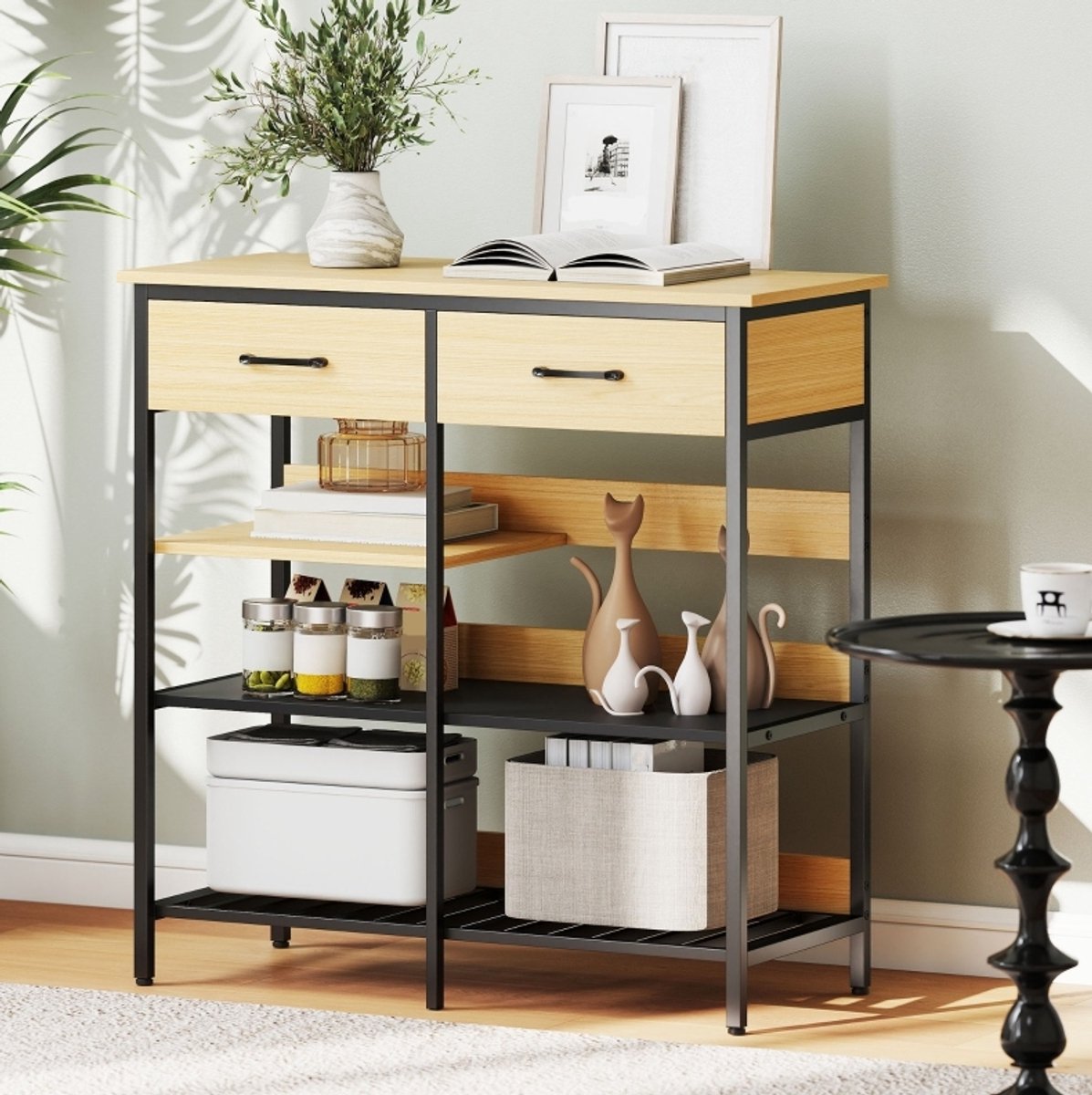 HAUSS SPOLE Dressoir – 90 x 40 x 91 cm – Met 2 Laden en 3 Open Vakken – Hout en Staal – Naturel en Zwart – Voor Keuken en Woonkamer